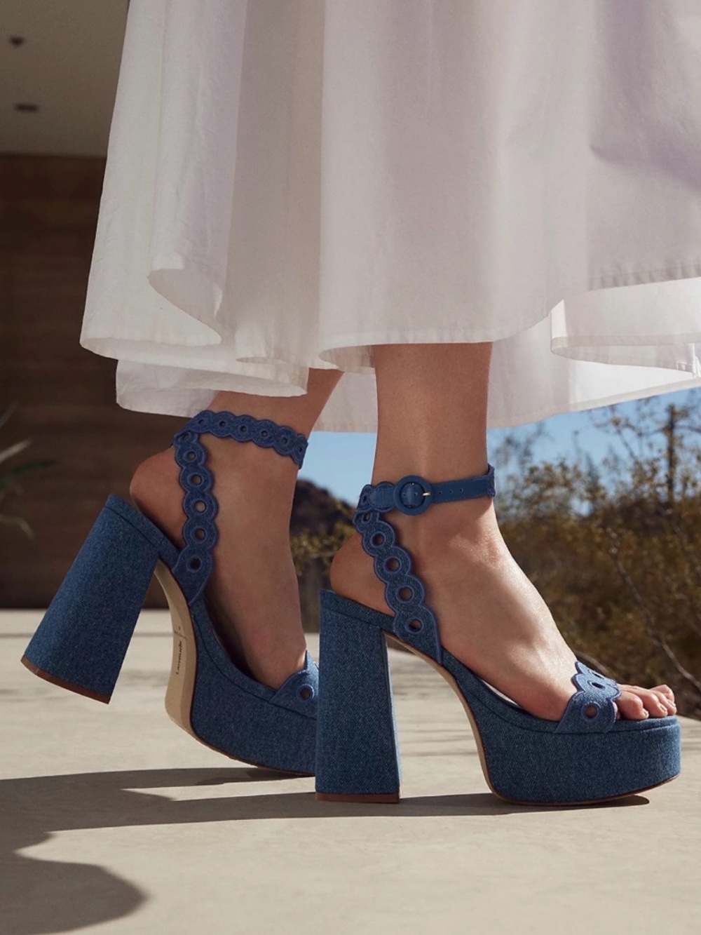 New Larroude Dolly Broderie Sandal In Blue Stoned Denim Sz 9.5 - Picture 2 of 12